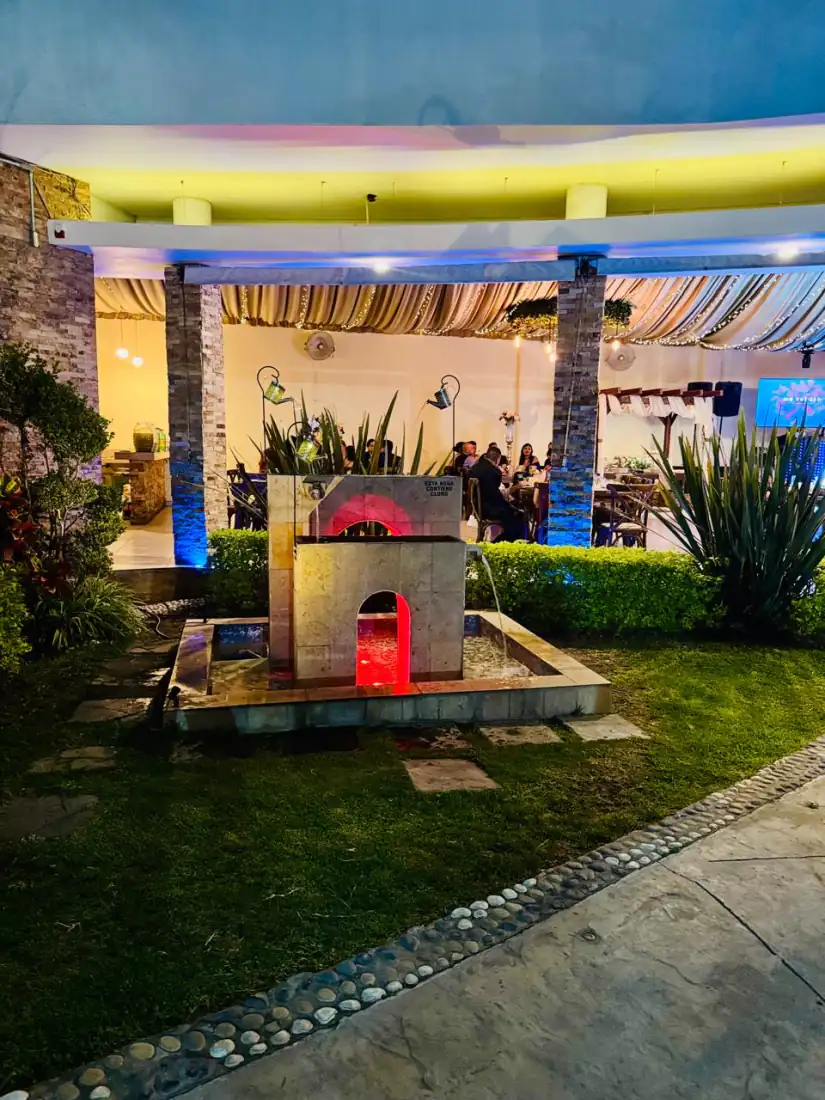 Fuente iluminada del jardín de noche, con el salón encendido al fondo